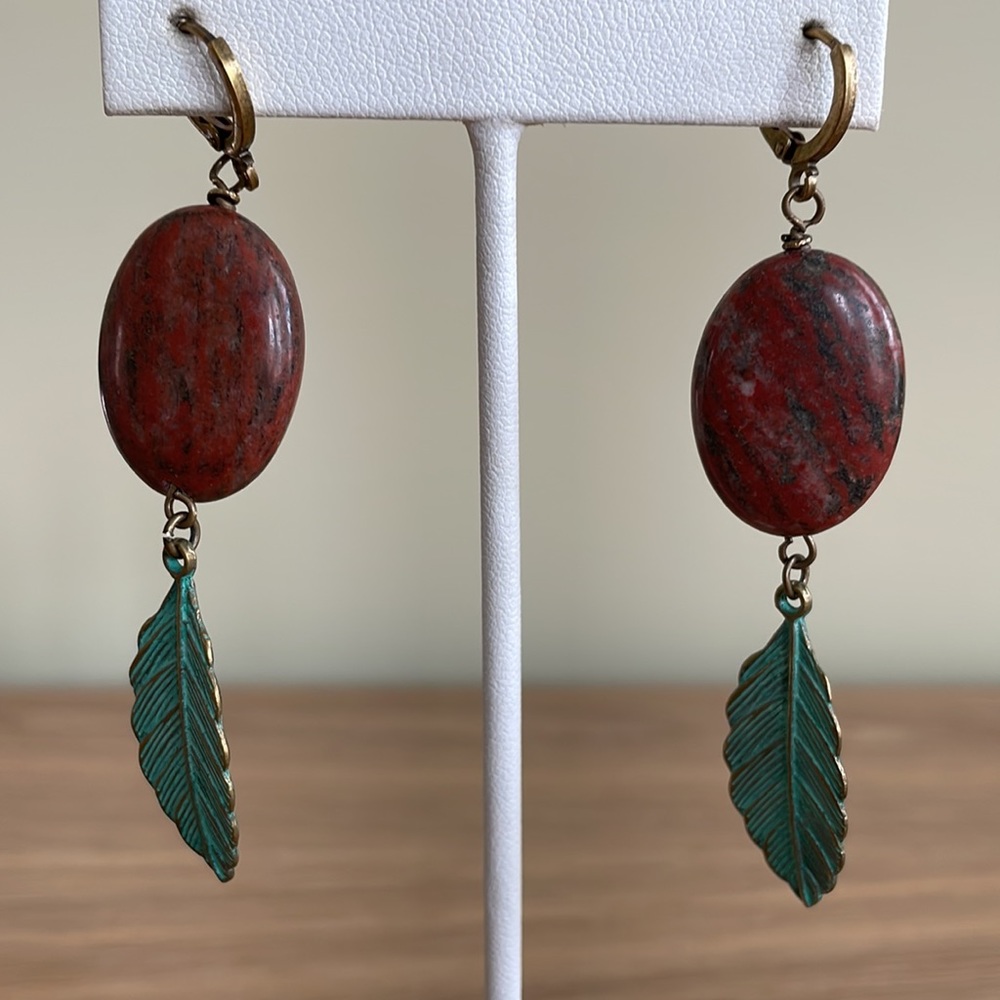 HAND CRAFTED EARRINGS Boho Brown Zoisite Ovals Mint Green Patina Brass Leaves - Picture 7 of 12